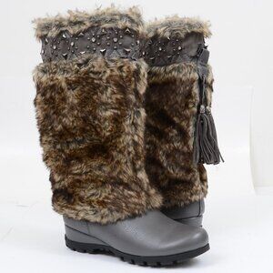Nancy Li Faux Fur Vegan Leather Wedge Boots Winter Lug Sole Women's 7